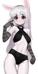 anthro armwear bikini black_bottomwear black_clothing bodily_fluids bottomwear choker clothed clothing clown_makeup elbow_gloves female female_anthro fur gesture gloves hair hand_gesture handwear headgear headwear jewelry kemono long_hair looking_at_viewer navel necklace pattern_clothing pattern_handwear pointing pointing_at_self red_eyes simple_eyes smile smiling_at_viewer solo spiral_eyes striped_clothing striped_handwear stripes sweat swimwear two-piece_swimsuit wavy_mouth wavy_smile white_body white_fur white_hair yoako domino_(kaggy1) lagomorph leporid mammal rabbit digital_media_(artwork) hi_res