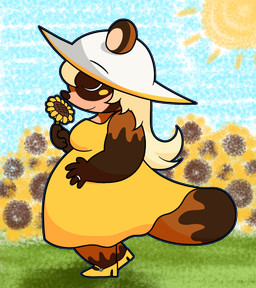 5_fingers anthro blush blush_stickers breasts brown_body chibi closed_smile clothed clothing digit_ring dress eyes_closed female field fingers flower footwear fully_clothed furgonomic_hat furgonomic_headwear furgonomics hair hat headgear headwear holding_flower holding_object jewelry long_hair mouth_closed multicolored_face overweight overweight_anthro overweight_female plant ring shoes side_view smile solo sun sun_hat sunflower tail toony wearing_hat wedding_ring white_clothing white_hair white_hat white_headwear yellow_blush yellow_clothing yellow_dress yellow_footwear yellow_shoes coffeeco conditional_dnp terry_sunflower canid canine mammal raccoon_dog tanuki 2025 alpha_channel cel_shading digital_drawing_(artwork) digital_media_(artwork) hi_res shaded