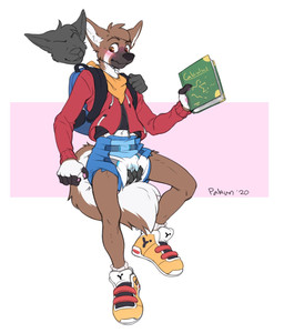 anthro backpack biped blue_diaper blush book bottomless brown_eyes clean_diaper clothed clothing diaper duo groping_diaper holding_book holding_object male simple_background solo_focus student wearing_diaper foxehhyz canid canine mammal hi_res
