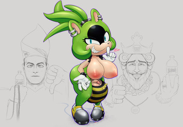 anthro balls belly big_balls big_breasts bodily_fluids bracelet breasts bulge cool_story_bro countershade_face countershading digit_ring ear_piercing eyelashes finger_ring genitals green_body grin group gynomorph hair huge_balls huge_breasts hyper hyper_balls hyper_genitalia intersex jewelry multiple_piercings nipples penis piercing shark_teeth shush small_penis smile solo spiked_hair_tie studded_bracelet studded_jewelry studs sweat tied_hair trio billmurray burger_king doritos frito-lay idw_publishing sega sonic_the_hedgehog_(comics) sonic_the_hedgehog_(idw) sonic_the_hedgehog_(series) surge_(drink) geoff_keighley surge_the_tenrec the_burger_king afrosoricid mammal tenrec absurd_res hi_res