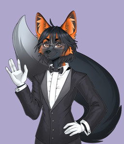 anthro black_tie_(suit) bow_tie clothing gloves hand_on_hip handwear inner_ear_fluff male smile smiling_at_viewer solo suit tail tuft unknown_artist canid canine fox mammal absurd_res hi_res