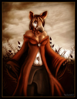 anthro biped black_border border breasts brown_hair cleavage clothed clothing facial_markings female front_view fur hair head_markings looking_at_viewer markings navel smile solo standing tan_body tan_fur white_body white_fur noviraine giraffid mammal okapi 2009