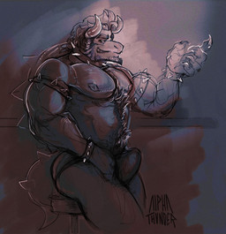 anthro bar barazoku biped body_hair bracelet bulge clothing detailed_bulge erection erection_under_clothing fur genital_outline happy_trail horn inviting jewelry male male_anthro muscular muscular_male nipples pecs penis_outline pubes smile smirk solo spiked_bracelet spikes spikes_(anatomy) suggestive alpha-thunder mario_bros nintendo bowser koopa scalie hi_res