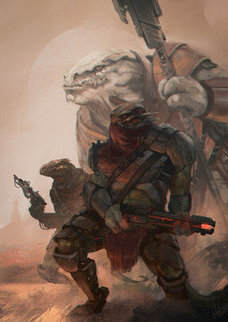 3_fingers 4_eyes anthro armor brown_shawl clothed clothed_anthro clothing fingers fully_clothed fully_clothed_anthro gauntlets gloves grass greaves green_body green_eyes green_scales grey_clothing grey_eyes grey_shirt grey_topwear group gun handwear holding_gun holding_melee_weapon holding_object holding_polearm holding_ranged_weapon holding_spear holding_weapon larger_anthro larger_male light male male_anthro melee_weapon moon mouth_closed multi_eye outside pauldron plant polearm pupils ranged_weapon red_mask scales sharp_teeth shirt size_difference slit_pupils smaller_anthro smaller_male spear tan_sky teeth topwear trio weapon white_body white_scales alessandra_de_bernardis alien reptile scalie 2017 colored digital_media_(artwork) digital_painting_(artwork) english_description hi_res lighting painting_(artwork) shaded signature