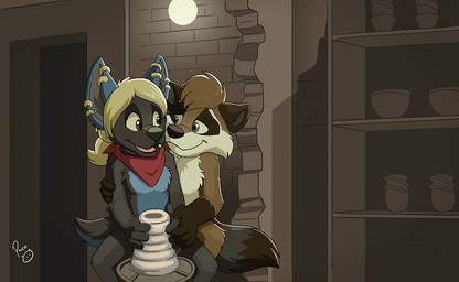 anthro black_body black_fur blonde_hair blue_body blue_fur brown_body brown_eyes brown_fur brown_hair closed_smile duo ear_piercing ear_ring female female_anthro front_view fur green_eyes hair inside kerchief logo male male_anthro mouth_closed neckerchief neckwear nude open_mouth open_smile piercing pottery pottery_wheel red_kerchief red_neckerchief ring_piercing shelf short_hair sitting smile tan_body tan_fur pandapaco canid canine mammal procyonid raccoon artist_logo signature