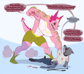 abs abuse anthro biceps blood bodily_fluids boxing_gloves bruised clothed clothing collar degradation dominant dominant_male duo financial_domination handwear leash leashed_collar male male/male muscular muscular_male pecs punch submissive submissive_male text topless violence lotolotl loto_(lotolotl) amphibian aquatic axolotl canid canine canis mammal mole_salamander salamander wolf english_text hi_res