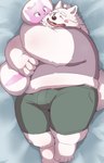 anthro bed belly blush bottomwear clothing furniture hug kemono lying male one_eye_closed overweight overweight_anthro overweight_male pillow shirt shorts solo topwear wink 00murice canid canine canis domestic_dog mammal 2021 hi_res