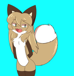 :3 anthro big_ears brown_body brown_fur chest_tuft countershade_fur countershading cyan_background dipstick_tail eyebrow_through_hair eyebrows female fluffy fluffy_chest fur gloves_(marking) green_eyes hair hands_behind_back leg_markings long_hair markings open_mouth simple_background smug socks_(marking) solo standing tail tail_markings tongue translucent translucent_hair tuft anonymous_artist conditional_dnp averi_(fiddleafox) canid canine fox mammal absurd_res hi_res