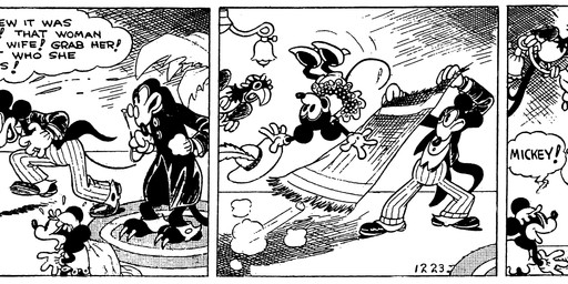 anthro black_tie_(suit) bloomers bottomwear clothed clothing crossdressing crossdressing_male dialogue dress female feral footwear gloves group handwear hat headgear headwear high_heels inside male open_mouth pants rug shoes standing suit tail talking_feral text earl_duvall floyd_gottfredson disney public_domain mickey_mouse minnie_mouse mister_slicker avian bird canid canine canis domestic_dog mammal mouse murid murine parrot rodent 1930 20th_century absurd_res ancient_art black_and_white comic dated english_text hi_res long_image monochrome wide_image