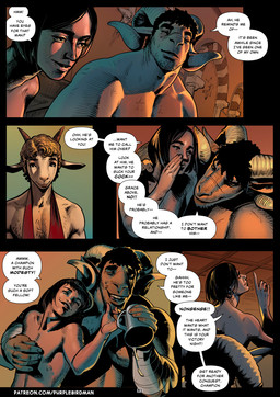 5_fingers anthro arm_around_partner arm_around_shoulders arm_scar arm_wraps bath bathhouse big_muscles black_hair brown_body brown_eyes butt chest_scar close-up close_up_panel clothed clothing container cup curly_hair detailed_background detailed_eyes detailed_hands dialogue drinking duo eyebrows eyes_closed facial_scar fantasy femboy feminine_pose fingers group hair hand_on_leg holding_container holding_cup holding_object horn hug huge_muscles larger_anthro larger_male laugh male male/male muscular muscular_anthro muscular_male pale_body partially_clothed partially_clothed_anthro partially_clothed_male plant red_towel relaxing scar sheep_horns sitting size_difference slim slim_male smile solo speech_bubble straight_hair teeth text thick_eyebrows towel towel_around_neck towel_only trio wraps purplebirdman roshim_(purplebirdman) bovid caprine human mammal sheep 2023 better_version_at_paywall colored comic detailed digital_drawing_(artwork) digital_media_(artwork) english_text shaded url