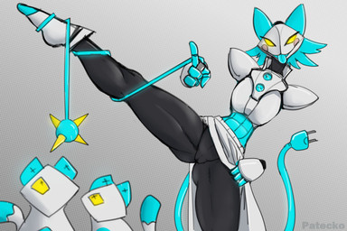 1_eye 4_fingers ambiguous_gender anthro black_body blue_body blue_fur blush blush_stickers breasts clothed clothing female fingers floating_hands fur genitals group looking_at_viewer machine multicolored_body presenting presenting_vulva raised_leg simple_background tongue tongue_out trio vulva whip white_background white_body yellow_eyes conditional_dnp patecko deltarune undertale_(series) tasque_manager darkner felid feline mammal robot tasque 2021 3:2 digital_media_(artwork) hi_res