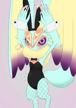 anthro antlers arms_above_head bar_emanata belly biped black_sclera blush blush_lines bow_tie bunny_costume chest_tuft clothed clothing colored_nails costume countershade_torso countershading digitigrade emanata fake_ears fake_rabbit_ears female fingernails fishnet_clothing fishnet_legwear fluffy fluffy_tail fur head_wings horn huge_wings legwear looking_at_viewer mouthless multicolored_body multicolored_eyes multicolored_fur nails neck_tuft orange_body orange_fur pink_eyes pregnant pregnant_female pupils purple_fingernails purple_nails simple_background solo tail tan_body tan_fur teal_body teal_eyes teal_fur three-quarter_view tuft unusual_wing_placement white_background wings ahab_null kirby_(series) kirby_and_the_forgotten_land nintendo fecto_elfilis alien chinchillid mammal rodent starling_(kirby) 2023 absurd_res digital_drawing_(artwork) digital_media_(artwork) full-length_portrait hi_res japanese_description portrait
