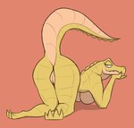 4_toes all_fours anthro biped breasts butt feet female genitals half-closed_eyes looking_at_viewer narrowed_eyes non-mammal_breasts nude pussy raised_tail simple_background solo tail toes zagz alligator alligatorid crocodilian reptile scalie 2023 digital_media_(artwork) hi_res