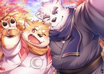 anthro autumn belly blush clothed clothing duo humanoid_hands kemono male one_eye_closed outside overweight overweight_male scarf shirt topwear wink hinami canid canine canis domestic_dog mammal 2023 hi_res