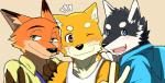 anthro black_nose blue_eyes clothed clothing countershading fur gesture green_eyes group hand_gesture male open_mouth simple_background smile v_sign yellow_body yellow_fur bearlovestiger13 disney lagoon_lounge tooboe_bookmark zootopia kuugo_(lagoon_lounge) natsume_(tooboe_bookmark) nick_wilde canid canine canis domestic_dog fox husky mammal nordic_sled_dog red_fox spitz true_fox 2016