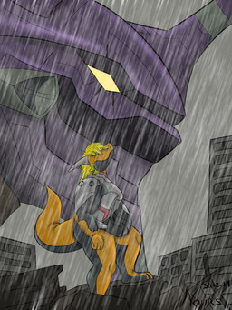 anthro armor blonde_hair city city_destruction destruction duo hair horn looking_at_another machine male multicolored_body obese obese_male overweight overweight_male pandanours purple_body raining solo tail thick_tail timcampy yellow_eyes mythology neon_genesis_evangelion eva_01 dragon mythological_creature mythological_scalie robot scalie 2019 3:4 digital_media_(artwork) hi_res