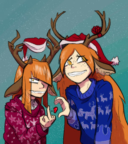 angry antlers awkward brown_body brown_fur christmas_clothing christmas_headwear clenched_teeth clothed clothing duo ears_down female freckled_face freckles fur gesture hair hand_gesture hat headgear headwear heart_symbol hime_cut holidays horn light_body light_skin long_hair looking_at_viewer male middle_finger orange_eyes orange_hair pivoted_ears santa_hat smile smiling_at_viewer sweater teeth topwear enemis christmas felix_agalith freya_agalith animal_humanoid deer deer_humanoid faun humanoid mammal mammal_humanoid sibling_(lore)