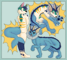 4_fingers 4_toes anthro black_claws black_nose blue_body blue_skin claws duo ear_fins feet feral_transformation fin fingers flukes fur green_body green_fur hair head_fin looking_back male multicolored_body multicolored_fur pawpads pink_inner_ear purple_body purple_fur purple_hair purple_pawpads simple_background solo species_transformation standing striped_body striped_fur stripes tail tan_body tan_fur toes transformation yellow_body yellow_fur katsergay nintendo pokemon canid canine eeveelution generation_1_pokemon hybrid mammal pokemon_(species) vaporeon hi_res
