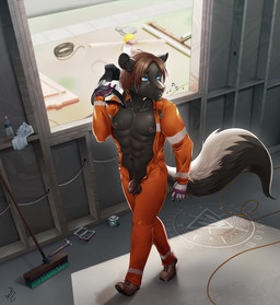 abs anthro balls biped bodily_fluids brown_hair circumcised clothed clothing construction construction_worker flaccid front_view genitals gloves hair handwear humanoid_genitalia humanoid_penis jumpsuit looking_away male navel nipple_piercing nipples open_clothing open_shirt open_topwear pecs penis penis_poking_out piercing shirt short_hair solo sweat topwear walking window erunroe trist mammal mephitid skunk