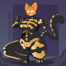 anthro bodysuit breasts butt clothed clothing crouching female food for_a_head fruit plant pumpkin pumpkin_head simple_background skinsuit solo tail tight_clothing buleruby epic_games fortnite spice_(fortnite) felid feline mammal object_head 1:1 absurd_res hi_res