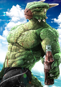 abs anthro beverage bodypaint bottle bottomwear clothing container face_paint facial_scar green_body green_scales holding_beverage holding_bottle holding_container holding_object horn looking_at_viewer male muscular muscular_male offering_beverage pants pecs scales scar sea sky skyscape smile tail thick_tail triceps water wet wet_body yellow_eyes gunka bethesda_game_studios coca-cola microsoft skyrim the_elder_scrolls veezara argonian scalie 2022 hi_res