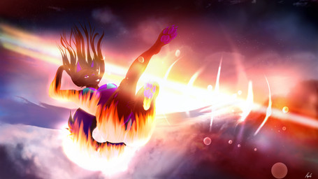 anthro big_breasts bikini breasts clothing cloud detailed_background falling female fire light sky solo sun swimwear thick_thighs two-piece_swimsuit under_boob itsmapledoe felid feline mammal 16:9 hi_res widescreen