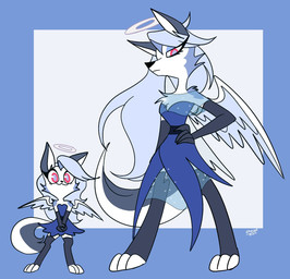 aged_up anthro back_wings clothing digitigrade dress feathered_wings feathers female fur grey_body grey_fur hair halo hand_on_hip long_hair red_eyes simple_background smile solo translucent translucent_clothing white_body white_fur wings young emositecc hellaverse helluva_boss loona_(helluva_boss) angel canid canid_angel canine canis cherub mammal wolf colored hi_res