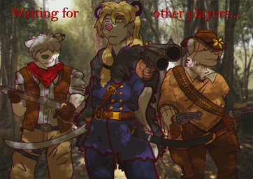 anthro blonde_hair clothing colt_open_top cowboy_hat green_eyes group gun hair handgun hat headgear headwear holding_gun holding_handgun holding_object holding_ranged_weapon holding_revolver holding_rifle holding_weapon lemat_mk_ii male melee_weapon pointing_gun ranged_weapon revolver rifle sabre_(weapon) scabbard trio weapon winchester_1873 goobyfun colt's_manufacturing_company hunt_showdown winchester_repeating_arms_company jane_(goobyfun) australian_shepherd canid canine canis domestic_dog felid german_shepherd herding_dog mammal pantherine pastoral_dog sheepdog snow_leopard absurd_res hi_res