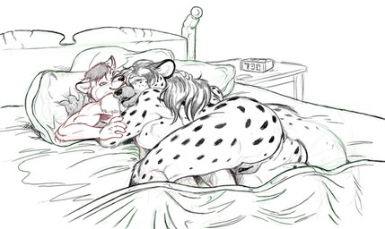 alarm_clock anthro bed big_breasts big_butt bodily_fluids breasts butt clock duo eyes_closed female female_on_top furniture genitals hair larger_female long_hair male male_on_bottom nude on_bottom on_top pillow romantic romantic_couple saliva side_boob size_difference sleeping smaller_male spots tail tongue vulva kencougr jenna_kutu wolf_(wolfkidd) canid canine canis hyena mammal spotted_hyena wolf monochrome