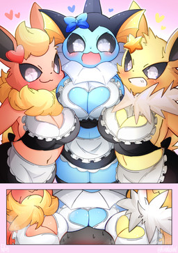 anthro anthrofied big_breasts blush breasts cleavage cleavage_cutout clothed clothing cutout female female_anthro fur group happy heart_symbol kemono looking_at_viewer maid_uniform open_mouth pokemorph trio uniform hinata_sakamoto nintendo pokemon eeveelution flareon generation_1_pokemon jolteon pokemon_(species) vaporeon 2022 digital_media_(artwork) hi_res translated_description