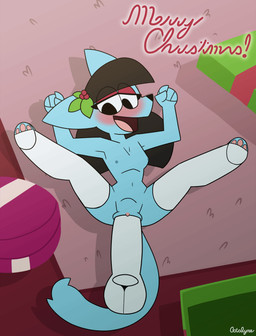 anthro balls big_balls big_penis blush bodily_fluids breasts christmas_gift clothing curling_tail disembodied_penis emanata erection eyelashes eyeshadow feet female flash_emanata fur genital_fluids genitals hair holidays humanoid_genitalia large_penetration legwear lying makeup male male/female mistletoe mostly_nude nipples nude on_back open_mouth pawpads penetration penile penis plant sex simple_background small_breasts smile stockings tail text tongue vulva octalyne christmas octane_(octalyne) domestic_cat felid feline felis mammal 2d_animation animated digital_media_(artwork) hi_res krita_(artwork)