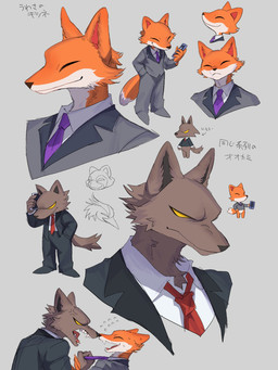 anthro clothed clothing duo eyes_closed grey_background male necktie simple_background suit text yellow_sclera reruririreruro nhk nhk_news avian bird canid canine canis fox heron mammal pelecaniform raccoon_dog tanuki wolf 3:4 hi_res japanese_text