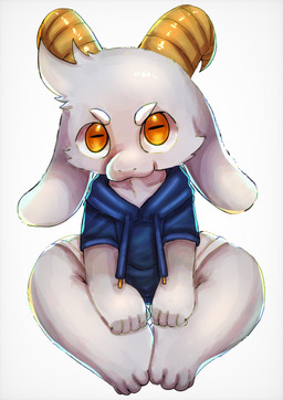 4_toes anthro blue_clothing blue_hoodie blue_topwear bottomwear clothed clothing curved_horn feet fingers fur grey_body grey_fur hair hoodie horn long_ears looking_at_viewer male simple_background sitting solo toes topwear white_background white_bottomwear white_clothing yellow_eyes ahirutotamago21 bolgogi bovid caprine goat mammal digital_media_(artwork) hi_res