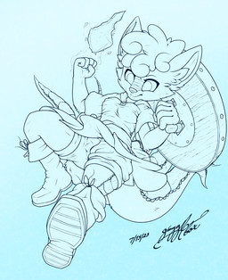 4_tails boots bottomwear clothed clothing exposure_variation female footwear jumping magic multi_tail shield shirt shoes shorts tail topwear tunic gingy_k_fox mythology nintendo pokemon alolan_form alolan_vulpix dragon generation_7_pokemon mythological_creature mythological_scalie pokemon_(species) regional_form_(pokemon) scalie blue_and_white hi_res monochrome