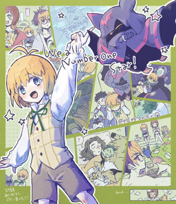 anthro black_body black_fur blonde_hair blue_eyes bottomwear cloak clothing cowl female feral fur group hair male shorts sleeping smile text wings ebiebionigiri bandai_namco digimon digimon_beatbreak kyo_sawashiro makoto_kuonji reina_sakuya tomoro_tenma bat chiropmon cougarmon digimon_(species) gekkomon human mammal pristimon starmon english_text hi_res multiple_scenes