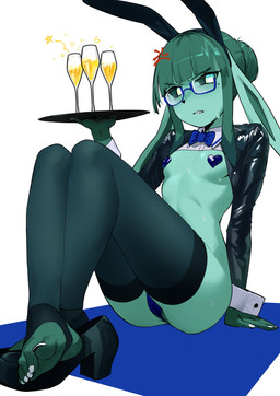 alcohol annoyed anthro anthrofied bangs beverage blue_body blue_fur blue_hair bodily_fluids bow_tie breasts camel_toe champagne champagne_glass clothing container costume cup drinking_glass eyewear fake_ears fake_rabbit_ears feet female footwear frown fur glass glass_container glass_cup glasses hair hair_bun high_heels humanoid_feet legwear long_ears looking_at_viewer mole_under_eye panties pasties plantigrade reverse_bunny_costume serving_tray shirt_collar shirt_cuffs shoes simple_background slim_anthro slim_female small_breasts solo stirrup_legwear stirrup_stockings stockings sweat thigh_highs underwear wearing_glasses yagihorns nintendo pokemon viridian_(yagihorns) eeveelution generation_4_pokemon glaceon pokemon_(species) absurd_res hi_res