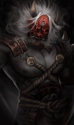 2_horns armor armor_plates barazoku grey_body grey_skin hair horn long_hair male mask muscular muscular_male not_furry pupils red_mask red_pupils rope sharp_teeth solo teeth white_hair kaysuoae asian_mythology dead_by_daylight east_asian_mythology japanese_mythology mythology the_oni_(dead_by_daylight) demon humanoid mammal oni yokai hi_res