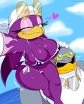 anthro big_breasts bikini blue_eyes breasts clothing duo ellipsis eyewear_on_head feathers female glistening_eyelids heart_symbol huge_breasts looking_at_viewer male one_eye_closed purple_body purple_feathers sitting_on_shoulder swimwear two-piece_swimsuit wink jinu sega sonic_riders sonic_the_hedgehog_(series) storm_the_albatross wave_the_swallow albatross avian bird hirundinid oscine passerine procellariiform swallow_(bird) 2021 absurd_res digital_media_(artwork) hi_res