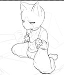 accessory anthro biped bottomwear breasts clothed clothing clothing_lift duo female fingers genitals heart_eyes heart_symbol jewelry kneeling mostly_nude necklace pussy simple_background small_breasts smile solo_focus topwear white_background skeleton265 domestic_cat felid feline felis mammal