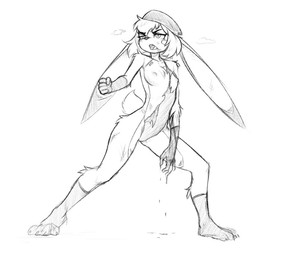 anthro breasts clothing female hat headgear headwear markings nude solo standing torn_clothing hush_button derby_(mrbuttonboi) lagomorph leporid mammal rabbit monochrome sketch