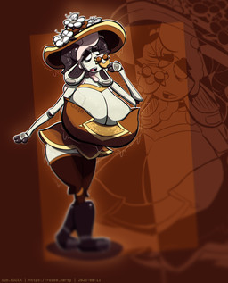 3_fingers absolute_territory anthro big_breasts bodily_fluids boots breasts brown_clothing cleavage clothed clothing curvy_figure depth_of_field facial_piercing female fingers flower footwear front_view fully_clothed hair hand_to_face hat headgear headwear horn hourglass_figure huge_breasts legwear machine nose_piercing nose_ring open_mouth piercing pink_hair plant ring_piercing septum_piercing septum_ring shoes simple_background solo standing sweat sweaty_breasts sweaty_clothing sweaty_face text thick_thighs thigh_highs tongue topwear white_body wide_hips sub.rozea rozea android bovid caprine goat mammal robot robot_anthro 2025 absurd_res artist_name digital_drawing_(artwork) digital_media_(artwork) full-length_portrait hi_res portrait url