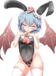 blue_hair blush bonnet breasts bunny_costume clothing costume dwarfism eyelashes fake_ears fake_rabbit_ears female hair headgear headwear legwear looking_at_viewer narrowed_eyes not_furry red_eyes small_breasts solo thigh_highs white_body white_skin wings nusmusbim_ss touhou remilia_scarlet humanoid vampire 3:4 hi_res