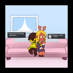 ambiguous_gender anthro antlers black_border blush border clothed clothing duo female freckles furniture horn sofa text pettankon deltarune undertale_(series) kris_dreemurr noelle_holiday deer human mammal new_world_deer reindeer 1:1 english_text hi_res