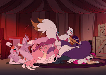 angry anthro ass_up big_breasts big_butt body_pile box breasts butt butt_on_butt carpet circus circus_tent clothing container feather_hair feathers female female_on_top group hair hand_on_butt headdress huge_butt legs_up leotard lying lying_on_ground on_back on_front on_ground on_top on_top_of_another open_mouth pseudo_hair surprised tail upside_down pyramidsofmadness hellaverse helluva_boss stella's_friend_(helluva_boss) stella_(helluva_boss) unnamed_character avian bird goetia 2024 absurd_res digital_media_(artwork) hi_res