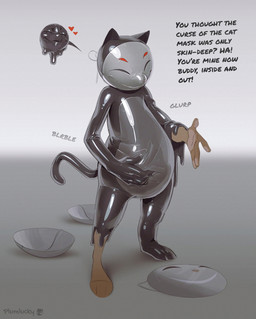 ambiguous_gender anthro belly corruption dialogue duo eyes_closed glistening glistening_belly glistening_face glistening_goo glistening_head glistening_tail glistening_thighs goo_transformation heart_symbol latex latex_transformation liquid_latex male male/ambiguous mask slime smile sound_effects takeover text transformation plumlucky domestic_cat felid feline felis goo_creature mammal english_text hi_res