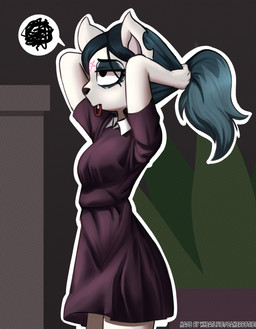 accessory anthro black_clothing black_dress blue_hair breasts clothing dress eyeshadow female hair hair_accessory hair_tie hair_tie_in_mouth long_hair makeup notched_ear outline solo tired tying_hair white_outline barryfactory cartoon_hangover the_summoning claire_(the_summoning) domestic_cat felid feline felis mammal 2021 absurd_res dithering hi_res portrait three-quarter_portrait