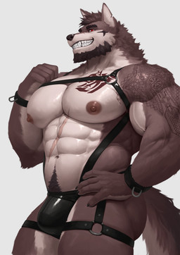 abs anthro areola arm_tattoo barazoku beard biceps clothing deltoids facial_hair forearm_muscles grin harness jockstrap looking_at_viewer male muscular muscular_male nipples pecs pubes red_eyes scar simple_background smile solo tattoo underwear white_background earthist mythology augar_(augarrwoof) canid canine canis mammal mythological_canine mythological_creature werecanid werecanine werecreature werewolf wolf absurd_res hi_res