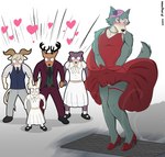 anthro antlers blush clothed clothing crossdressing dress embarrassed eyes_closed female femboy footwear group heart_symbol high_heels horn humor makeup male shoes wide_eyed wind_lift seachord beastars the_seven_year_itch haru_(beastars) juno_(beastars) legoshi_(beastars) louis_(beastars) marilyn_monroe pina_(beastars) bovid canid canine canis caprine cervine dall_sheep deer domestic_rabbit dwarf_rabbit lagomorph leporid mammal netherland_dwarf_rabbit oryctolagus rabbit red_deer sheep wolf 2022 digital_drawing_(artwork) digital_media_(artwork) hi_res