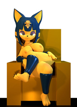 anthro armor bedroom_eyes big_breasts big_ears blue_body blue_ears blue_eyeliner blue_fur blue_hair bracelet breasts chair claws clothing eyeliner female female_anthro fur furniture gauntlets gloves hair handwear jewelry looking_at_viewer makeup multicolored_body multicolored_ears multicolored_fur multicolored_hair narrowed_eyes nipples nude nude_anthro nude_female seductive simple_background sitting smile smiling_at_viewer solo stripes throne white_background yellow_body yellow_fur yellow_inner_ear yellow_stripes vesperisonline hazeker_(modeler) animal_crossing nintendo ankha_(animal_crossing) domestic_cat felid feline felis mammal 2025 3d_(artwork) digital_media_(artwork) hi_res