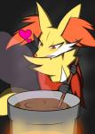 anthro blush candy chocolate cooking dessert female food grey_background heart_symbol inner_ear_fluff red_eyes simple_background solo stirring tuft aoinu nintendo pokemon canid canine delphox generation_6_pokemon mammal pokemon_(species) digital_media_(artwork)